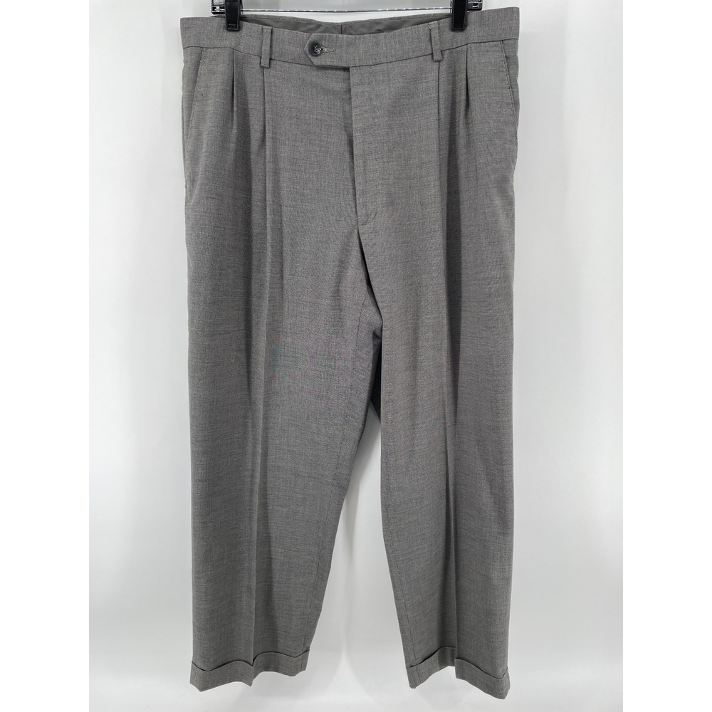 Savile Row Co Pleated Dress Pants Mens 36x29 Grey Micro Houndstooth Cuffed Wool